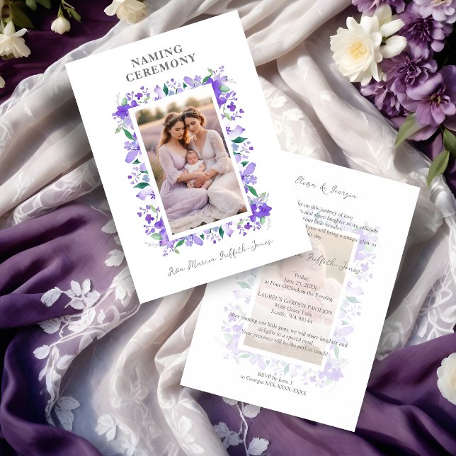 Convites Romântica Frame Floral Purple Shades 2 Fotografias (Romantic Floral Frame in Purple Shades with 2 Photos Naming Ceremony Template Invitation Card. )