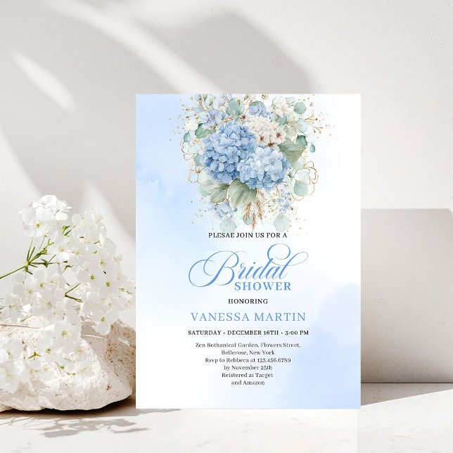 Convites Romântica Hidrangea Azul Dourada Chuveiro de Noiva (Romantic Blue Hydrangea Gold Floral Bridal Shower Invitation)