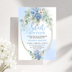 Convites Romântica Hortênsia Azul Dourada Floral Sweet Sixt