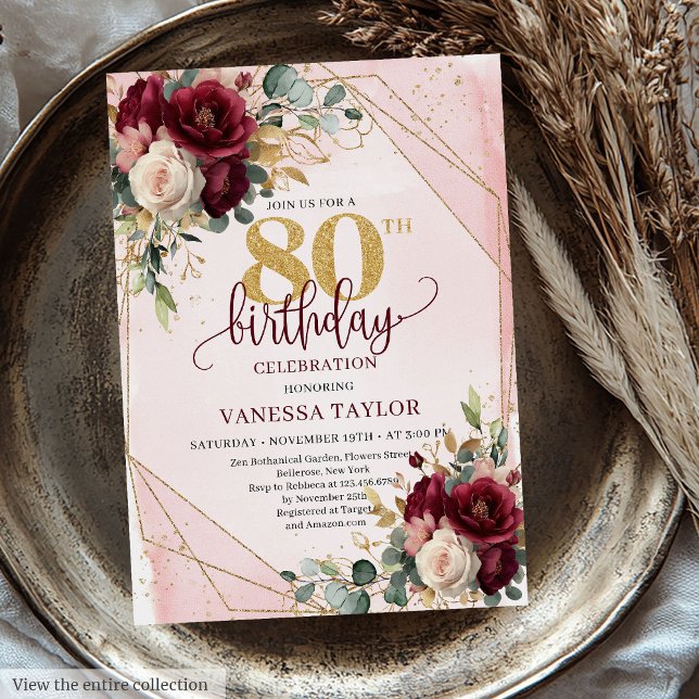 Convites Romântica Marsala Esmaga Flores Douradas 80 de Ani (Romantic Marsala Blush Gold Flowers 80th Birthday Invitation)