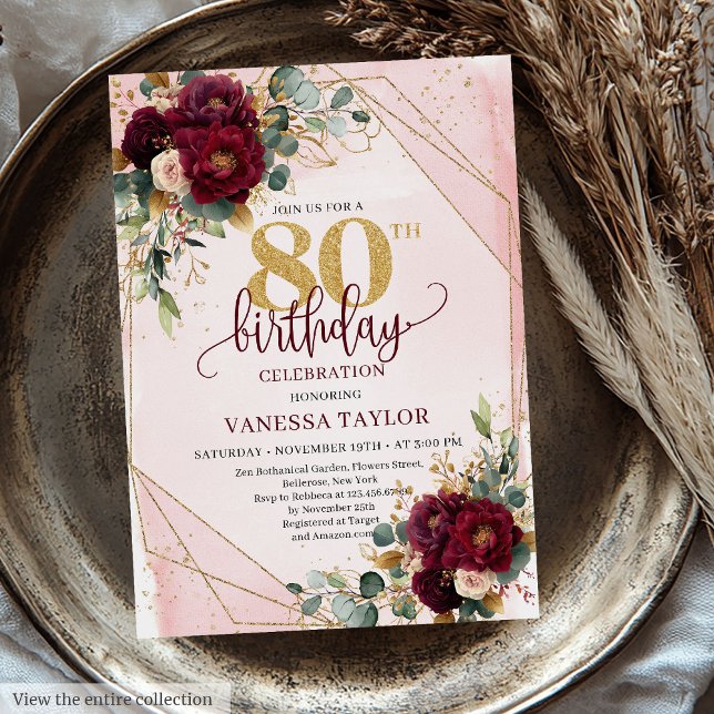 Convites Romântica Marsala White Flores Douradas 80 de Aniv (Romantic Marsala White Gold Flowers 80th Birthday Invitation)