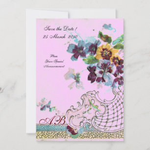 Convites ROMÂNTICA Monograma de casamento floral azul rosa 