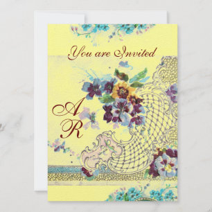 Convites ROMÂNTICA Monograma de casamento floral rosa azul 
