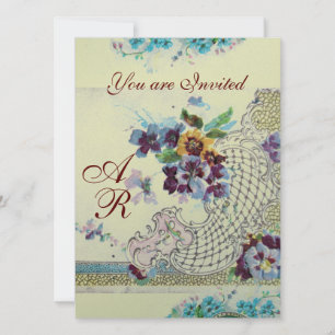 Convites ROMÂNTICA Rosa Azul Prata Floral Casamento Monogra