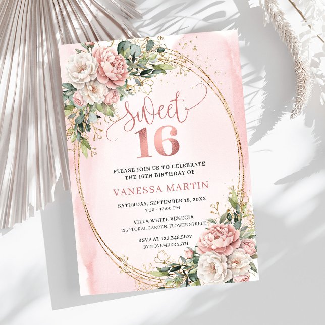 Convites Romântica Rosa Dourada Floral Verde Suave Dezessei (Romantic Rose Gold Floral Greenery Sweet Sixteen Invitation

)