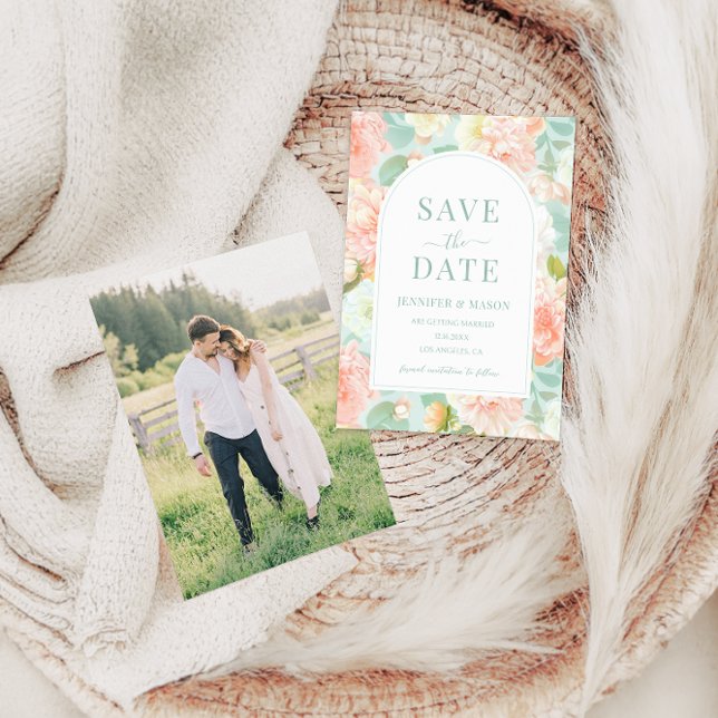 Convites Romântica Rosa Mint Teal Floral Boho Salvar Data (Criador carregado)