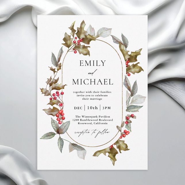 Convites Romântica Winter Holly e Berrie Botanical Wedding (Available in both printed and instant download digital formats.)