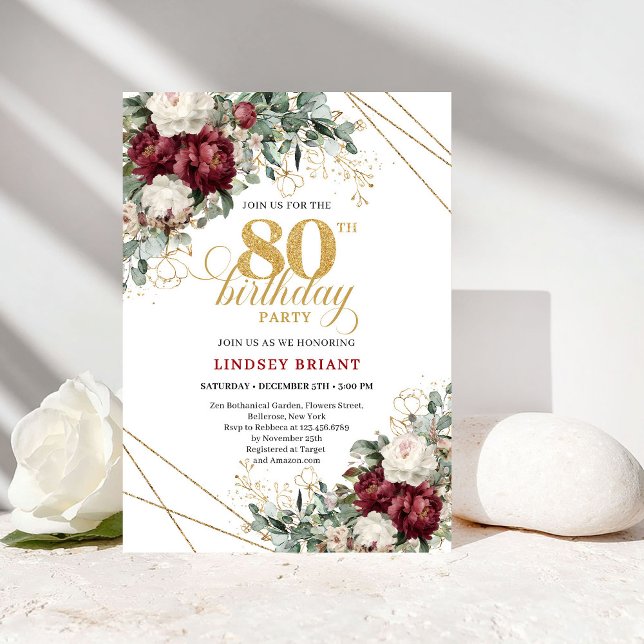 Convites Romântico Aniversário de 80 anos Flores Douradas e (Romantic Burgundy Gold Flowers 80th Birthday)