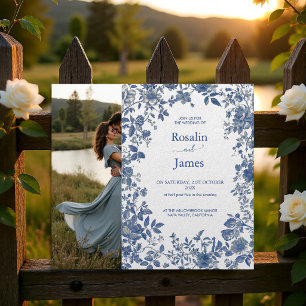 Convites Romântico Azul Empoeirado Toile Floral Foto Casame