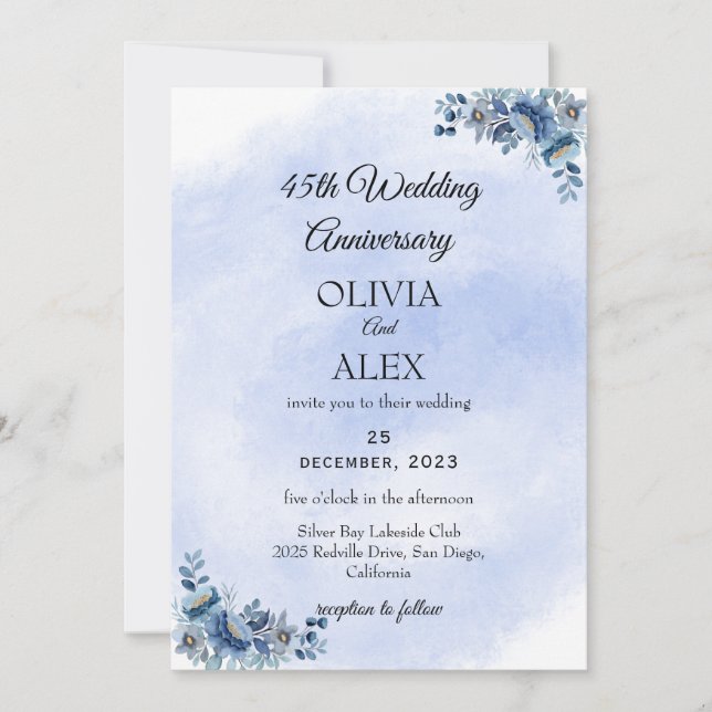Convites Romântico Azul Floral Casamento Aniversário  (Frente)