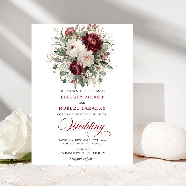 Convites Romântico Boêmio Borgonha Floral Branco Casamento  (Romantic Bohemian Burgundy White Floral Wedding Invite)