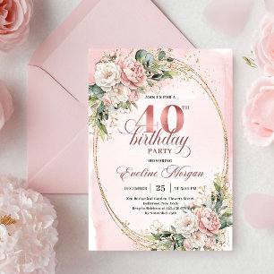 Convites Romântico Boêmio Rosa Floral Dourado Aniversário d