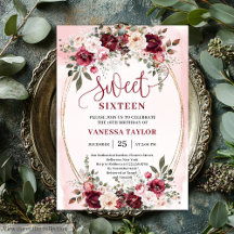Romântico Boho Borgonha Bege Floral Sweet Sixteen