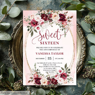 Convites Romântico Boho Borgonha Bege Floral Sweet Sixteen
