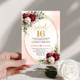Convites Romântico Boho Borgonha Dourado Floral Sweet Sixte