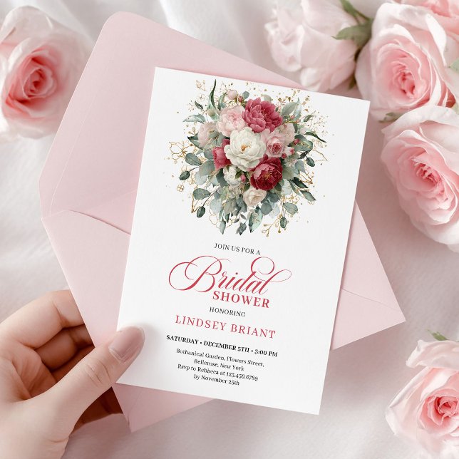 Convites Romântico Boho Crimson Beijo Cor-de-Rosa Dourado F (Romantic Boho Crimson Blush Gold Floral Bridal Shower

)