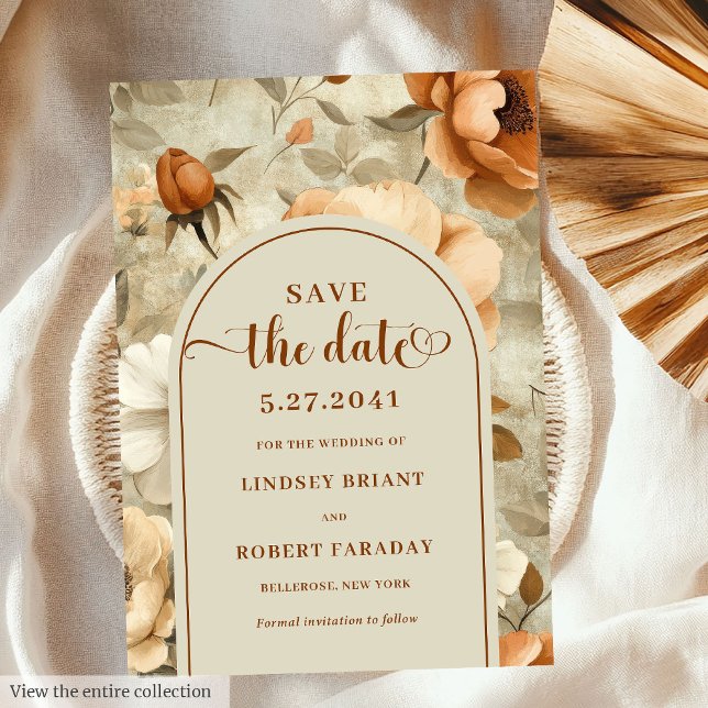 Convites Romântico Boho Ferrugem Marfim Floral Salve A Data (Romantic Boho Rust Ivory Floral Save The Date)