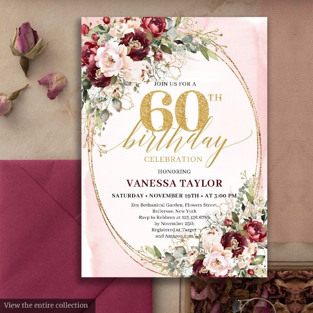 Convites Romântico Boho Marsala Dourado Floral 60º Aniversá (Romantic Boho Marsala Gold Floral 60th Birthday)