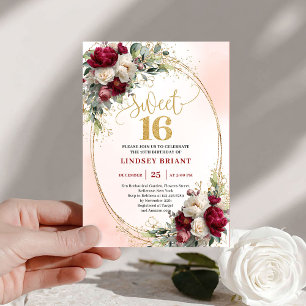Convites Romântico Boho Merlot Dourado Floral Sweet Sixteen
