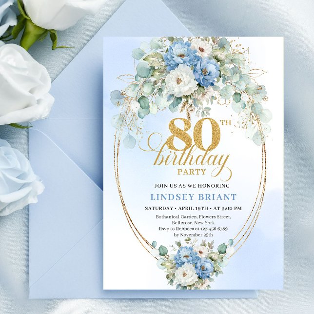 Convites Romântico Boho Peônias Azuis Douradas 80º Aniversá (Romantic Boho Blue Peonies Gold 80th Birthday Invitation)