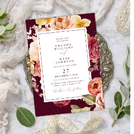 Convites Romântico Burgundy Floral Elegante Casamento