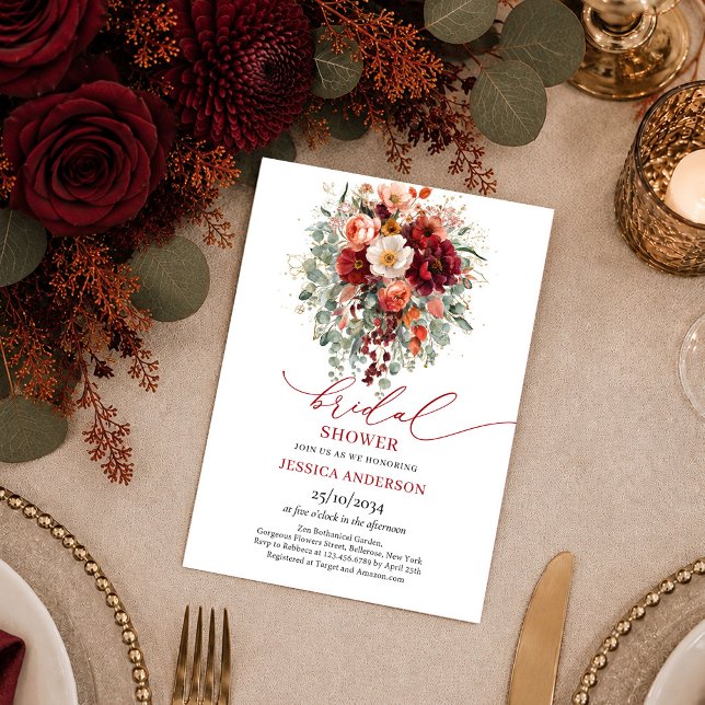 Convites Romântico Casamento Outono Dourado Eucalipto Show  (Romantic Burgundy Gold Eucalyptus fall bridal shower invitation

)