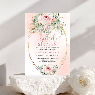 Convites Romântico Chic Rosa e Dourado Floral Sweet Sixteen