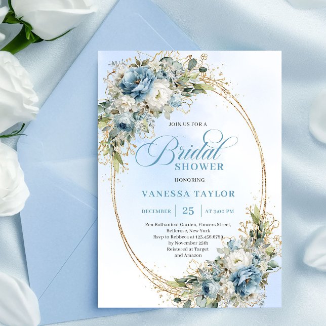 Convites Romântico Chuveiro de Noiva em Azul Poeirento Euca (Romantic Dusty Blue Eucalyptus Gold Bridal Shower Invite)