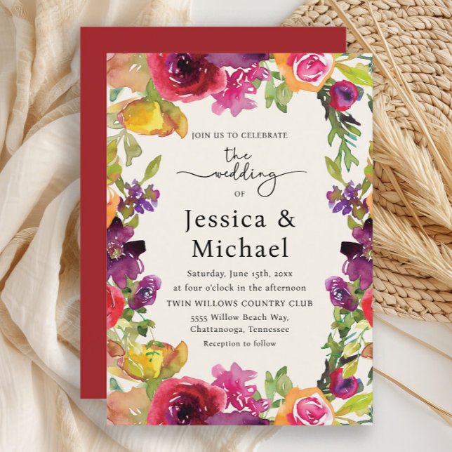 Convites Romântico Colorido Boho Aquarela Floral Casamento (Colorful floral wedding invitation)