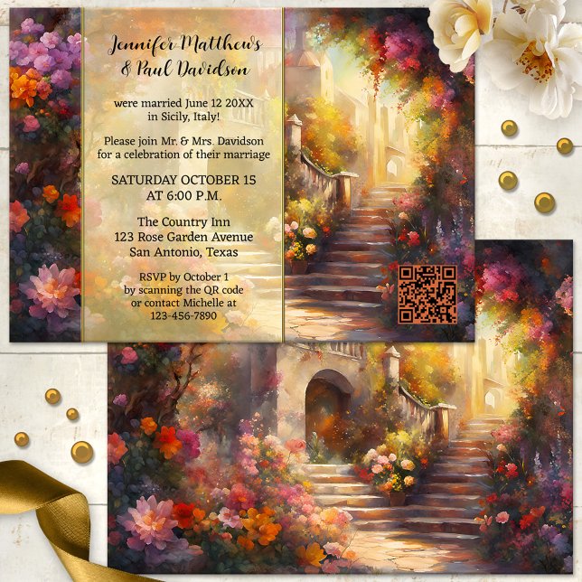 Convites Romântico Elope italiano ou Festa de casamento Pos (Romantic post or after wedding invitation featuring an Italy inspired painting with lots of flowers)
