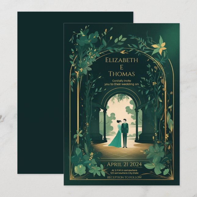 Convites Romântico Emerald Green E Dourado. (Frente/Verso)