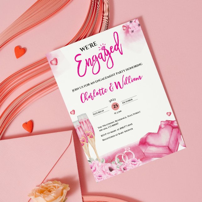 Convites Romântico Festa de Noivado Floral Rosa Entabulada (romantic engagement party invitations we're engaged modern elegant floral engaged couple watercolor )