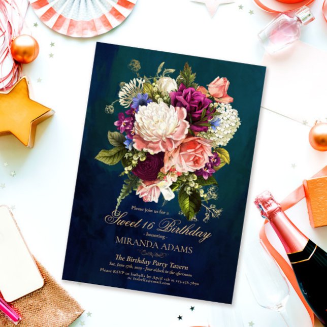 Convites Romântico Floral Emerald Green Dourado 16 de anive (Criador carregado)