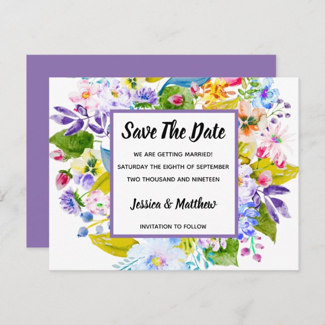 Convites Romântico Floral Roxo Salvar Data (Frente/Verso)