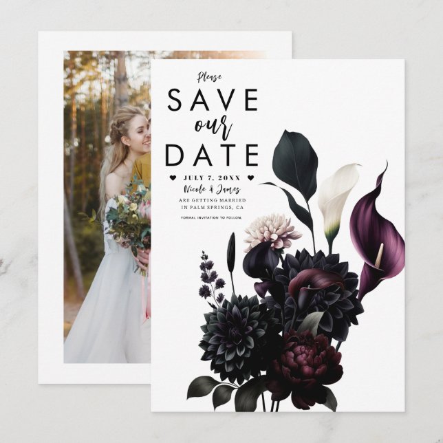 Convites Romântico Floral Sombrio Casamento Data de Salvata (Frente/Verso)
