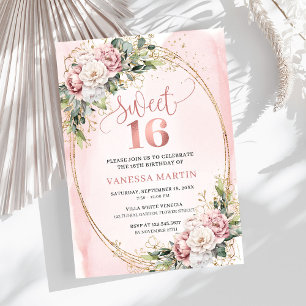 Convites Romântico Floral Verde Rosa Poético Sweet Sixteen