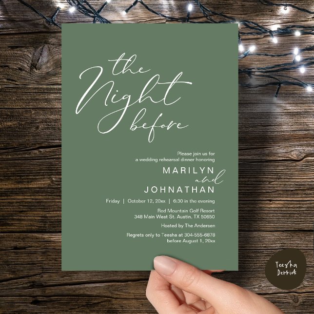 Convites Romântico Jantar de Ensaios de Casamento na Vésper (Romantic The Night Before Modern Wedding Rehearsal Dinner Invitation Card PDF Rustic Sage Green)