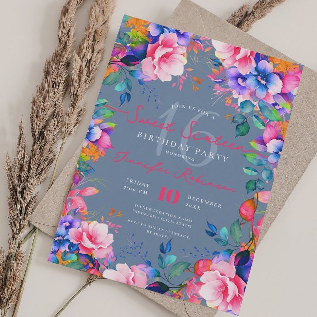 Convites Romântico Jardim Arco-Íris Floral Sweet 16 Dusty B (Romantic Rainbow Garden Floral Sweet 16 Dusty Blue Invitation)