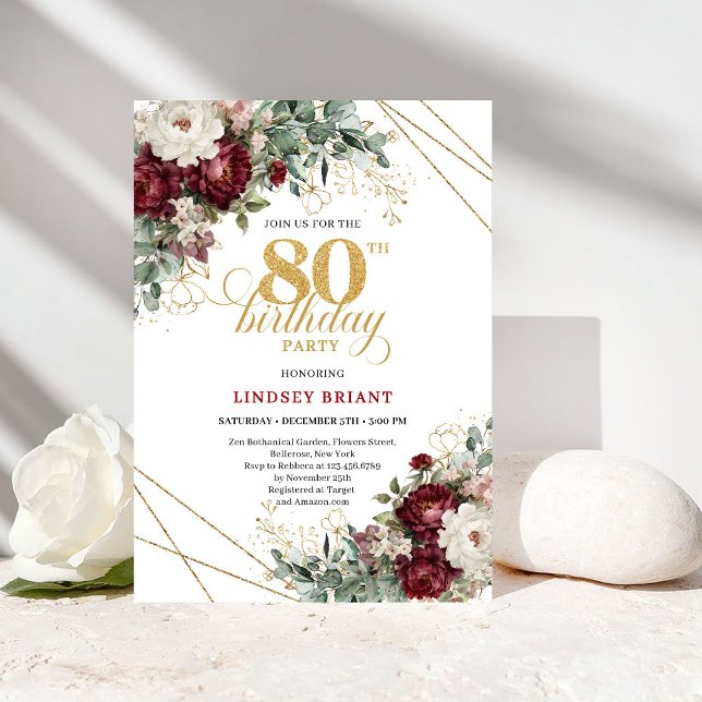 Convites Romântico Marsala Eucalipto 80º Aniversário (Romantic Marsala Eucalyptus 80th Birthday)