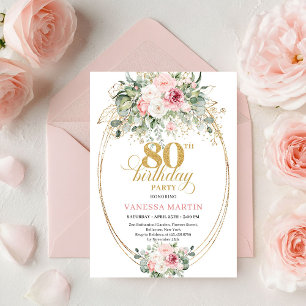 Convites Romântico Minimalista Floral Rosa 80º Aniversário