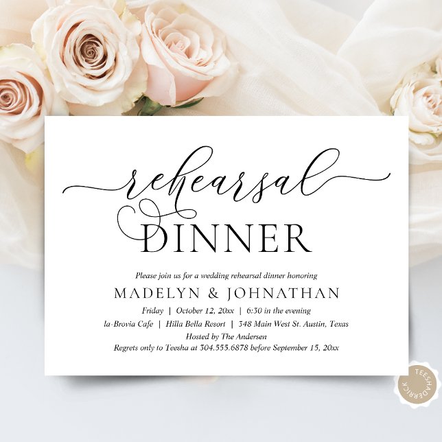 Convites Romântico Moderno, Jantar de Ensaios de Casamento (The Night Before, Wedding Rehearsal Dinner, Brunch or Lunch Invitation Card, in Modern Classy theme)