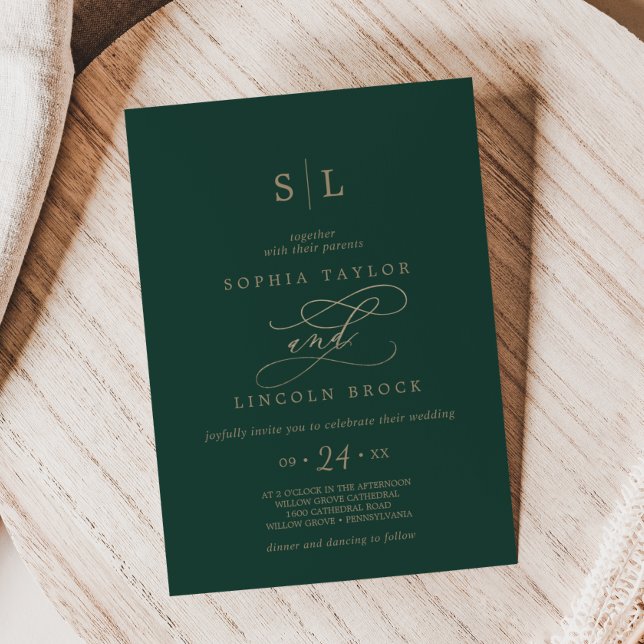 Convites Romântico Monograma de Caligrafia Verde Casamento (Romantic Green Calligraphy Monogram Wedding Invitation)