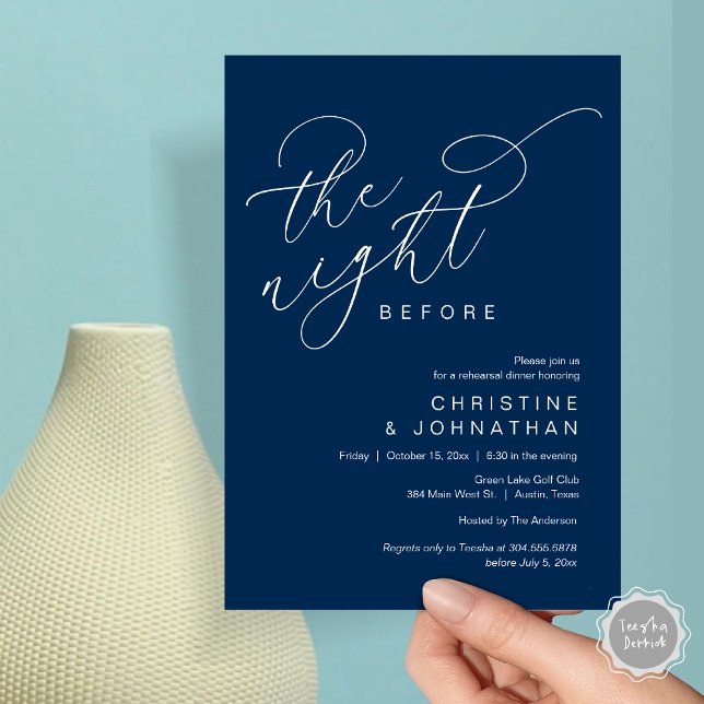 Convites Romântico Na Noite Antes Do Janto De Ensaio De Cas (Romantic The Night Before Wedding Rehearsal Dinner Party Invitation Card, in Classy Navy Blue)