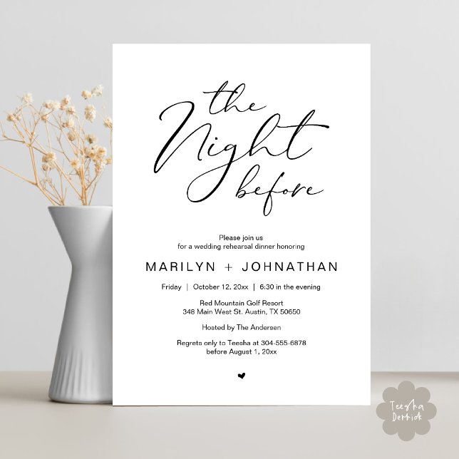 Convites Romântico Na Noite Antes Do Janto De Ensaio De Cas (Romantic The Night Before Modern Wedding Rehearsal Dinner Invitation Card PDF Black White)