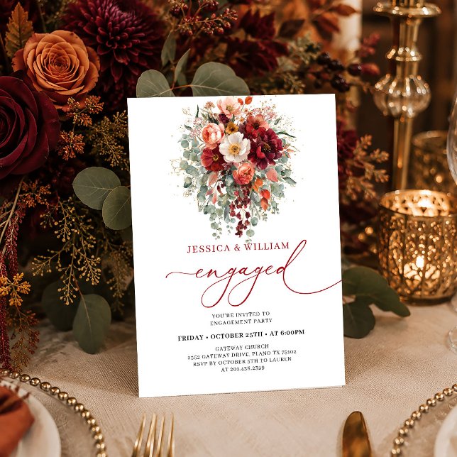 Convites Romântico Outono de Eucalipto em Ouro e Borgonha p (Romantic Burgundy Gold Eucalyptus Fall engagement invitation card

)