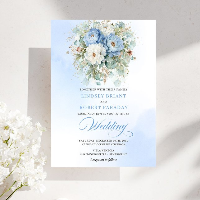 Convites Romântico Pó Azul Branco Flores Casamento Download (Romantic Dusty Blue White Flowers Download Wedding Invitation )