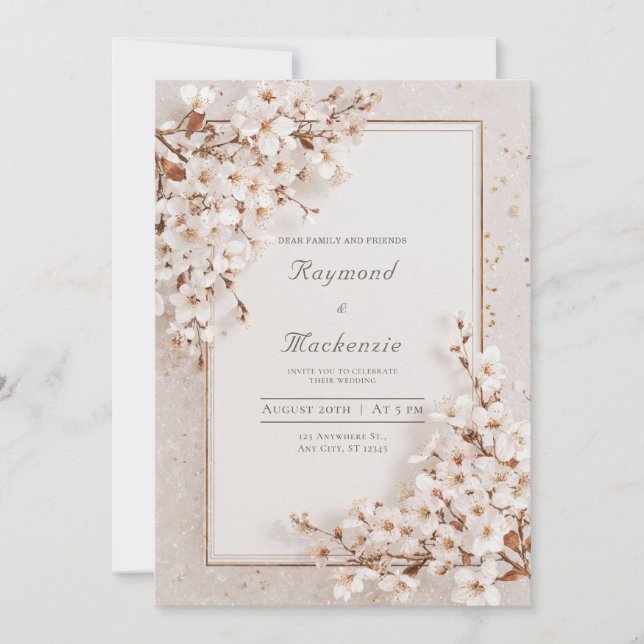 Convites Romântico Quadro Dourado de Casamento com Flor de  (Frente)