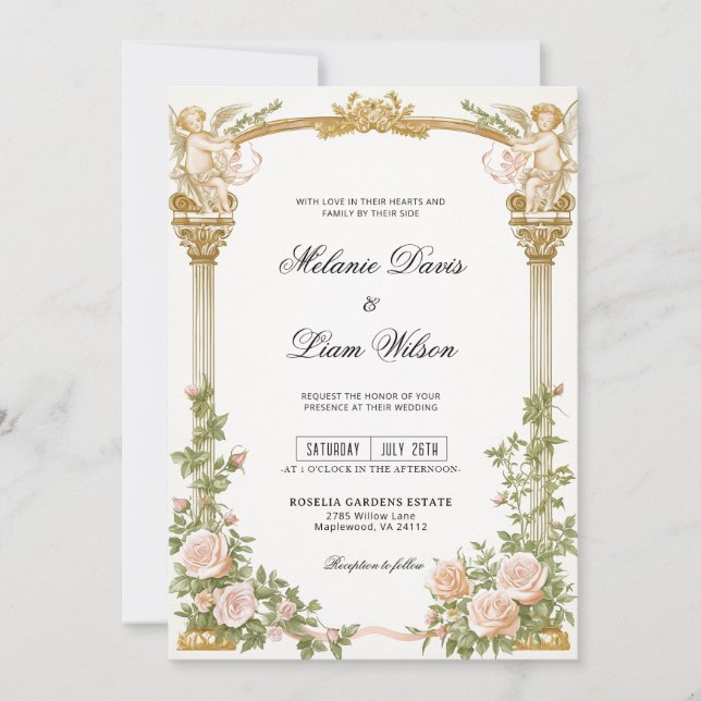 Convites Romântico Querubim Arco Dourado Floral Casamento  (Frente)
