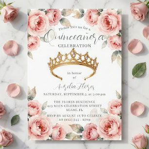 Convites Romântico Rosa Bege Rosas Tiara Dourada Quinceaner