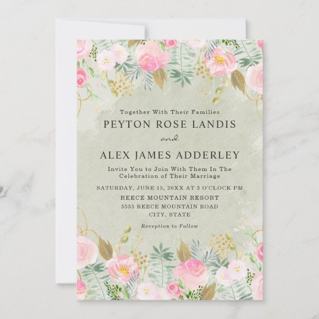 Convites Romântico Rosa Floral Verde Dourado Casamento (Frente)